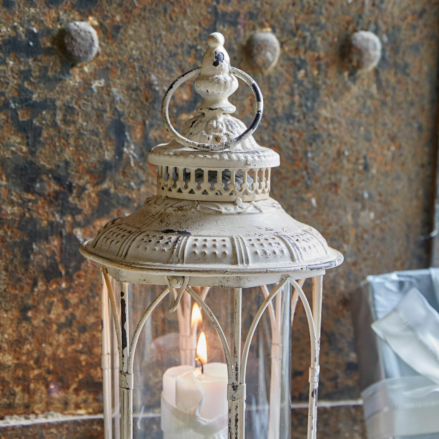 Loberon Laterne Lanao, kunstvoller Vintage-Look, für Teelichter oder, Stumpenkerzen, Antik-Finish, Outdoor Geeignet, Eisen, Creme