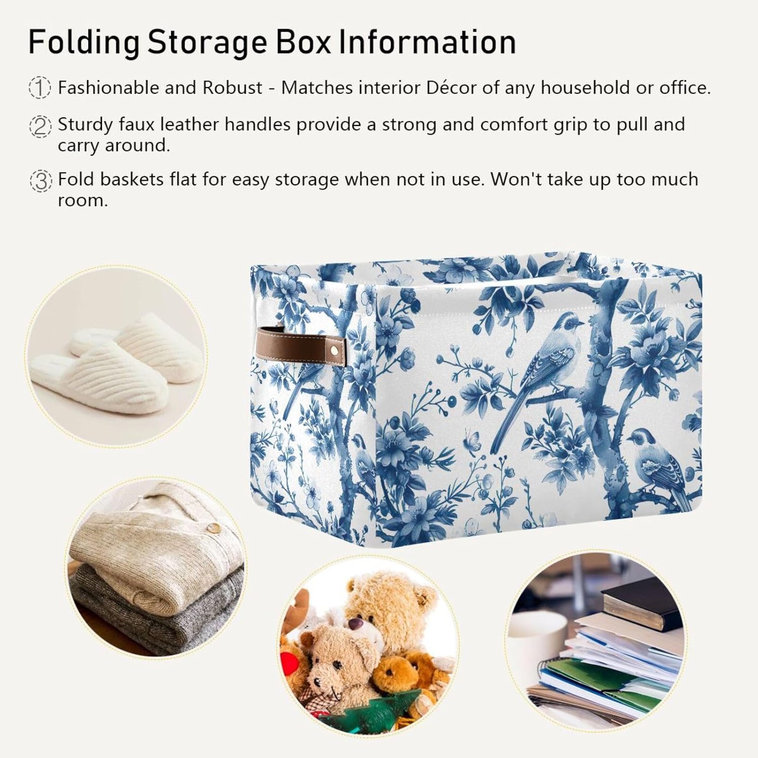 Blue White Porcelain Storage Basket Bin Canvas Fabric Organizer Toys Basket with Handles for Home Office Nursery, Clothes, Gifts, 2 Pcs