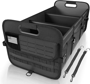 Sposuit Car Trunk Organizer for SUV - 105L Collapsible Tactical MOLLE Car Storage with Reinforced Handles & Multiple Pockets, Sturdy Trunk Organizers for Groceries, Tools & Outdoor Storage Black