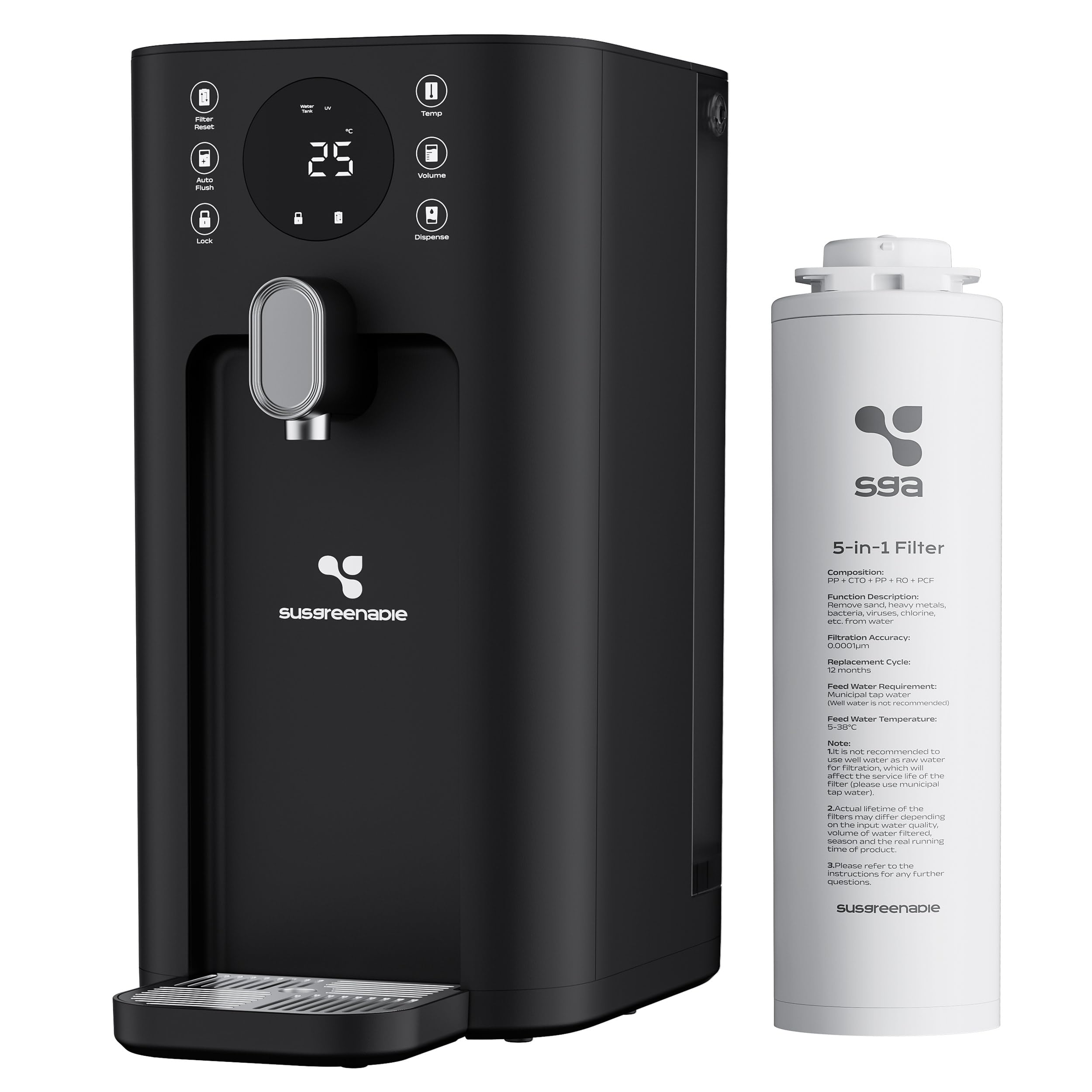 CIARRA X SusGreenable Osmoseanlage Trinkwasser 100GPD, Umkehrosmoseanlage mit Heißwasser, 4 Temperaturen, 5-stufiger RO Wasserfilter SGROF03, Tischgerät, Schwarz