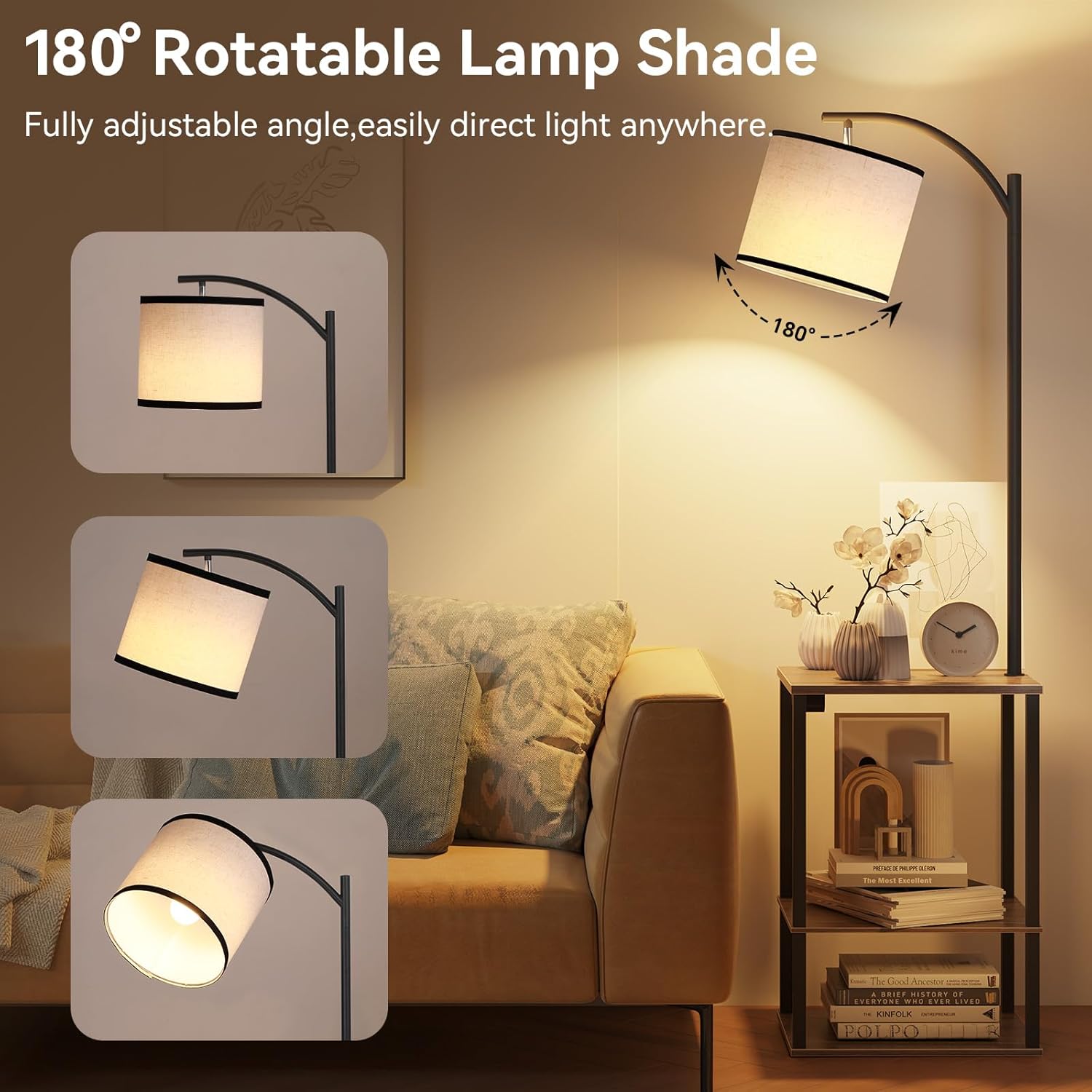 SUNMORY Floor Lamp with Table, End Table for Living Room with Lamp, Shelves Side Table with Charging Station(USB & AC Port), 3 Color Temperature LED Bulb, Modern Nightstand Lamp for Bedroom, Office