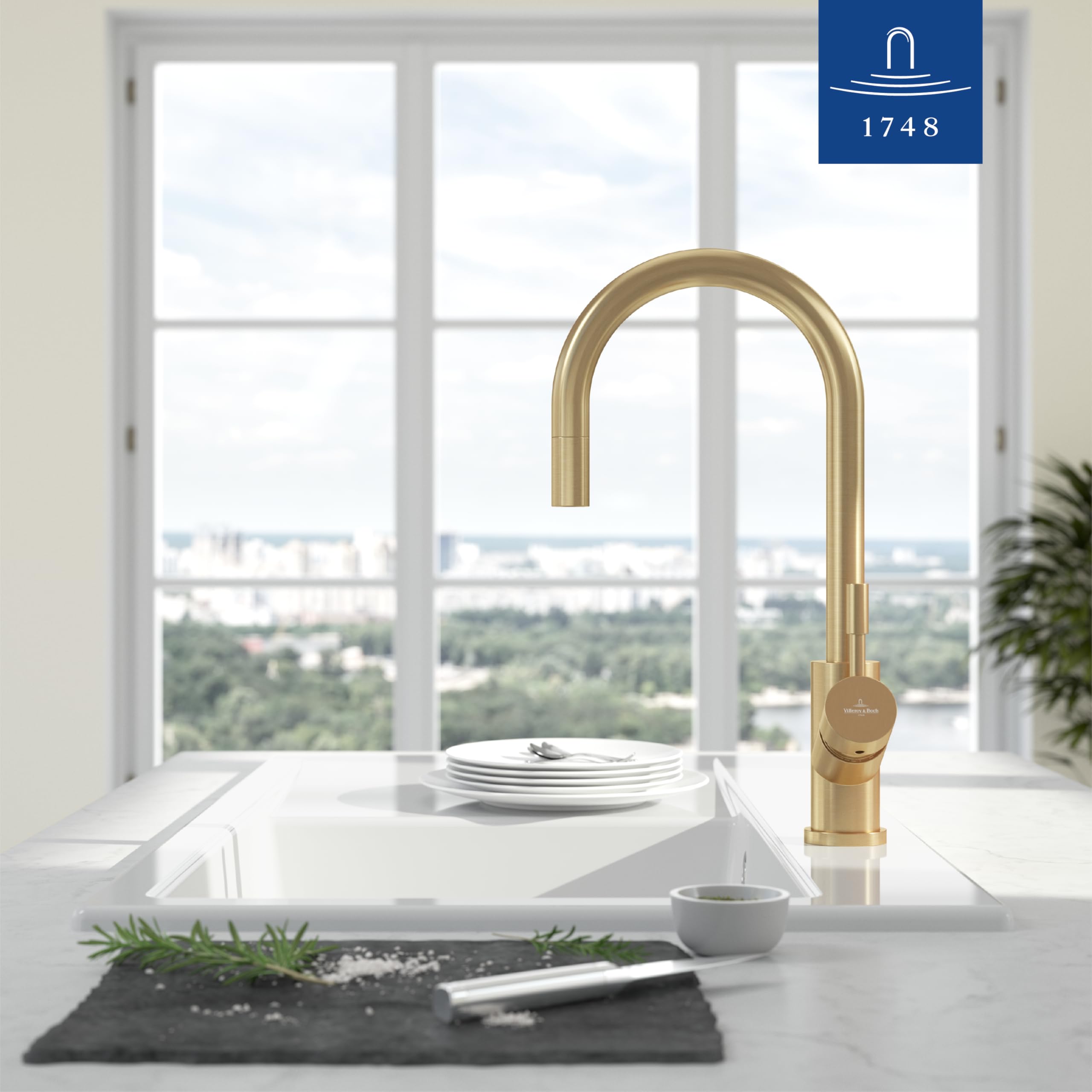 Robinetterie Villeroy & Boch Umbrella Flex, haute pression, robinet avec douchette extractible et rotation 360°, robinetterie économique, bec 220 mm, gold