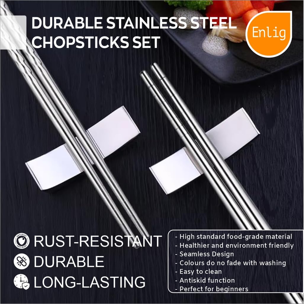ENLIG 5 Pairs Reusable Stainless Steel Chopsticks | Lightweight, Non-Slip, Durable Korean Chopsticks | Dishwasher Safe