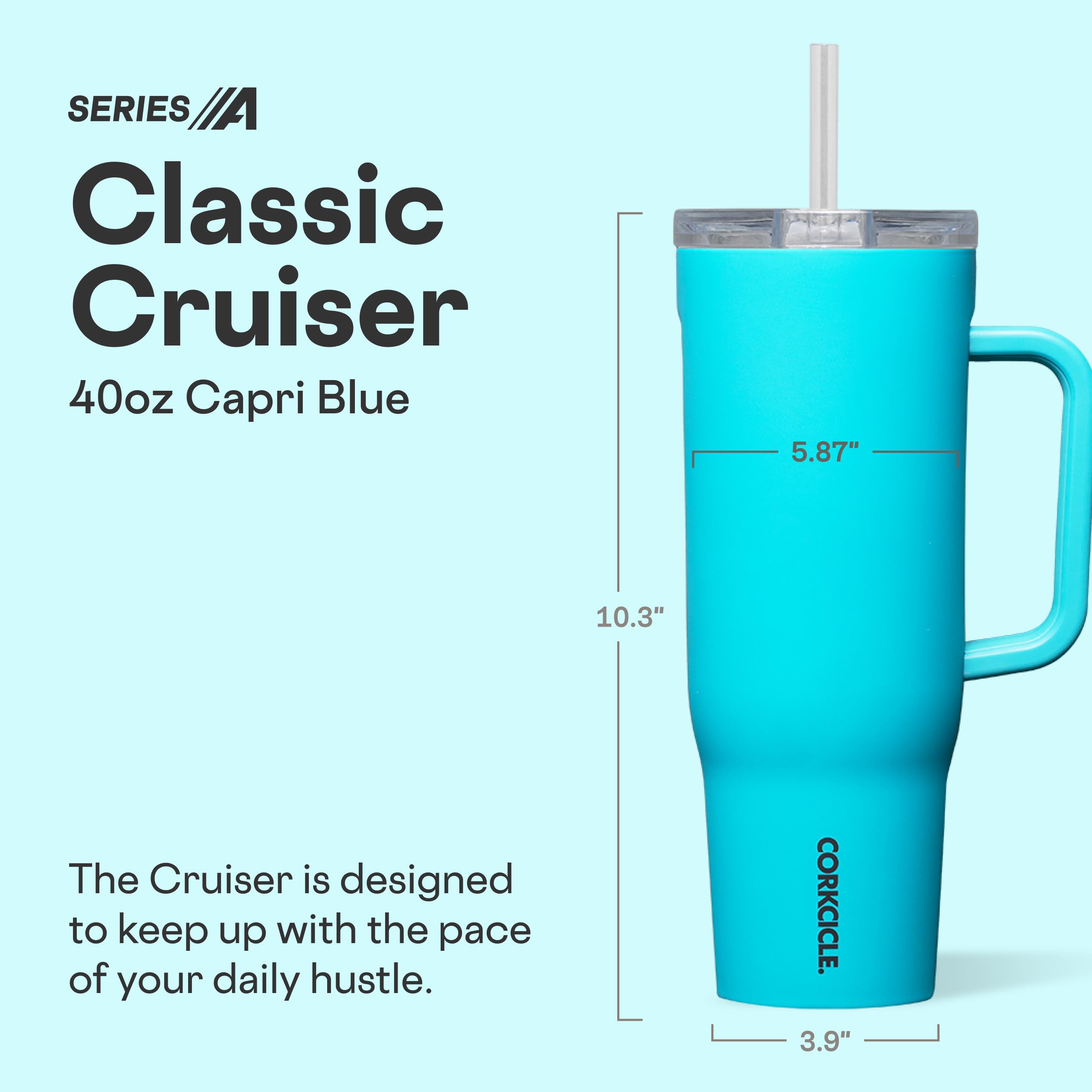 Corkcicle Cruiser Isolierter Becher mit Griff und Strohhalm, Capriblau, 1,2 l, wiederverwendbare Wasserflasche hält Getränke 20 Stunden kalt, 9 Stunden heiß, Becherhalter, auslaufsicherer Becher