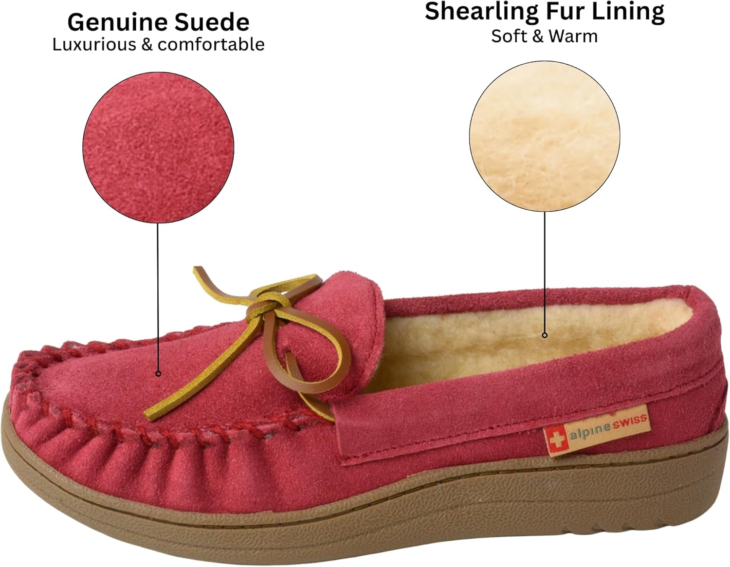 Alpine Swiss Sabine Womens Moccasin Slippers Genuine Suede House Shoe Memory Foam Insole Plush Faux Shearling Fur Indoor Outdoor Anti-Slip Rubber Sole - Image 3