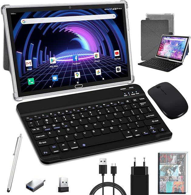 HD Tablet with Keyboard, Android 11.0 2 in 1 Tablets, 10.1 inch, 4GB RAM 64GB ROM 256GB Expandable, Octa-Core Processor, WiFi, GPS, Bluetooth, Google Certified Tablet PC