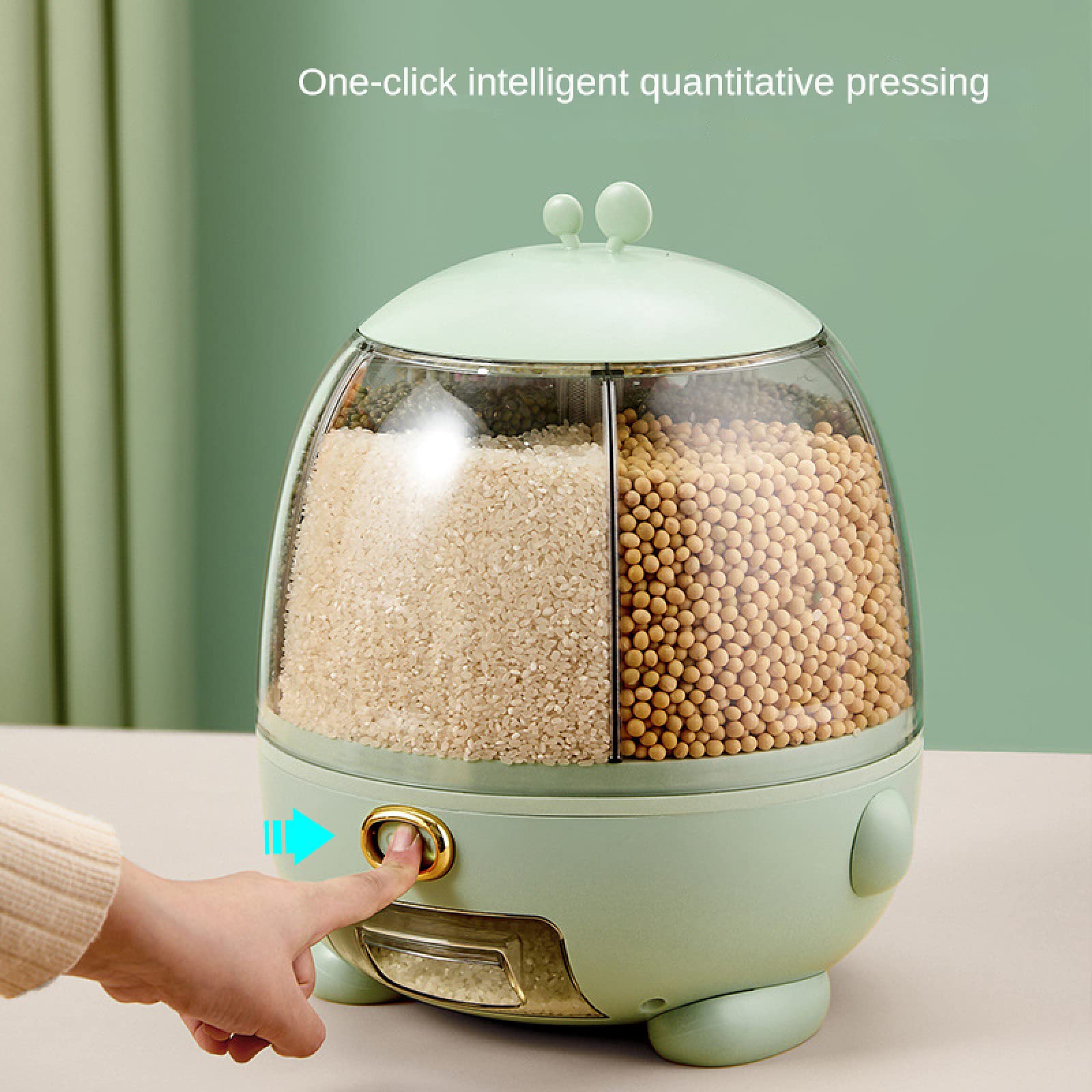 NIBHZ Dispenser per Cereali, distributore di Alimenti a 5 Griglie rotanti a 360 °, Contenitore per Riso e Cereali, Uscita del Riso con Un clic, Serbatoio Rotondo,Green