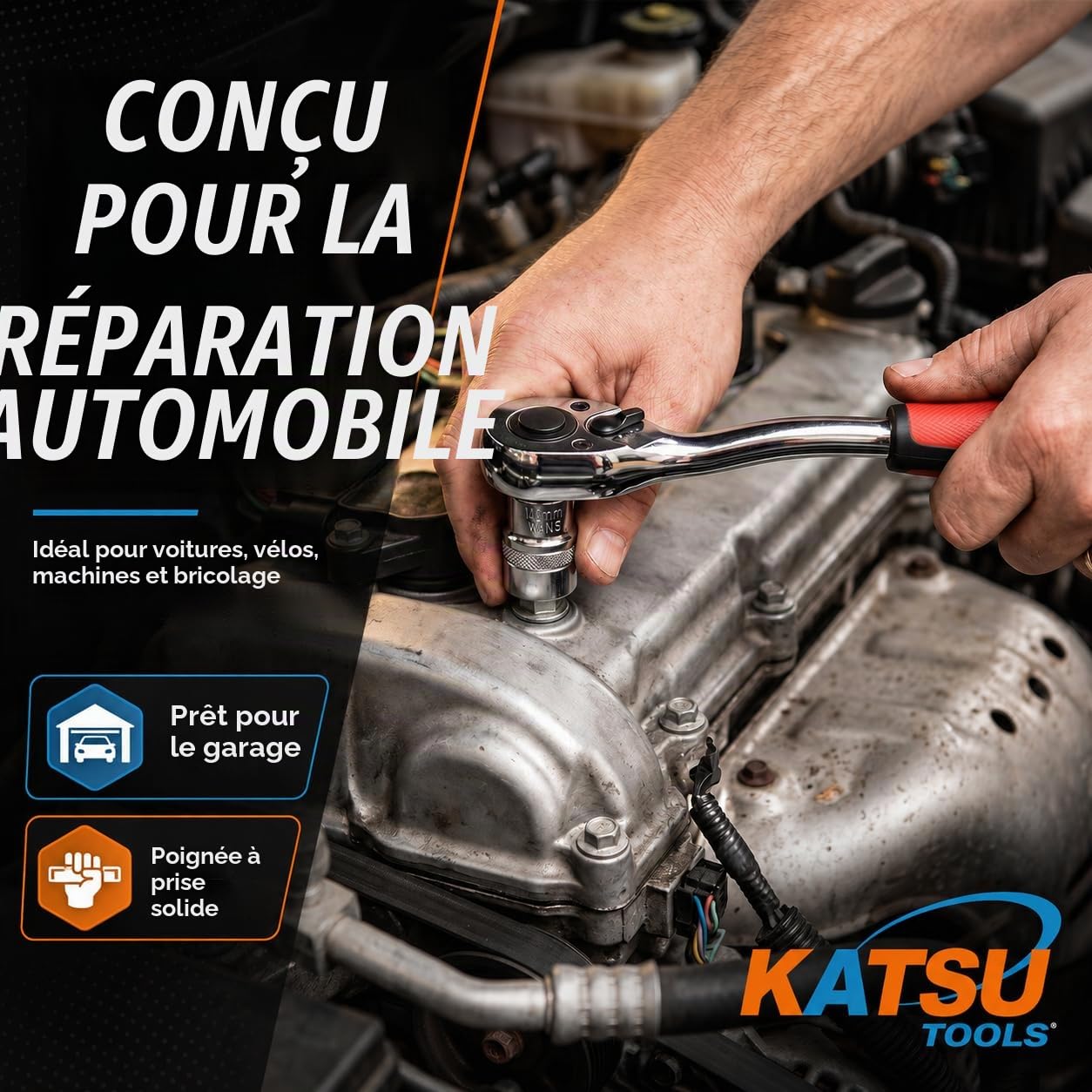 KATSU Jeu de Douilles 1/2" 32 Pièces, Entraînement Métrique 8-32mm Avec Clé à Cliquet à Dégagement Rapide 72 Dents et Barre d'Extension, Outil de Garage de Réparation Automatique 420347