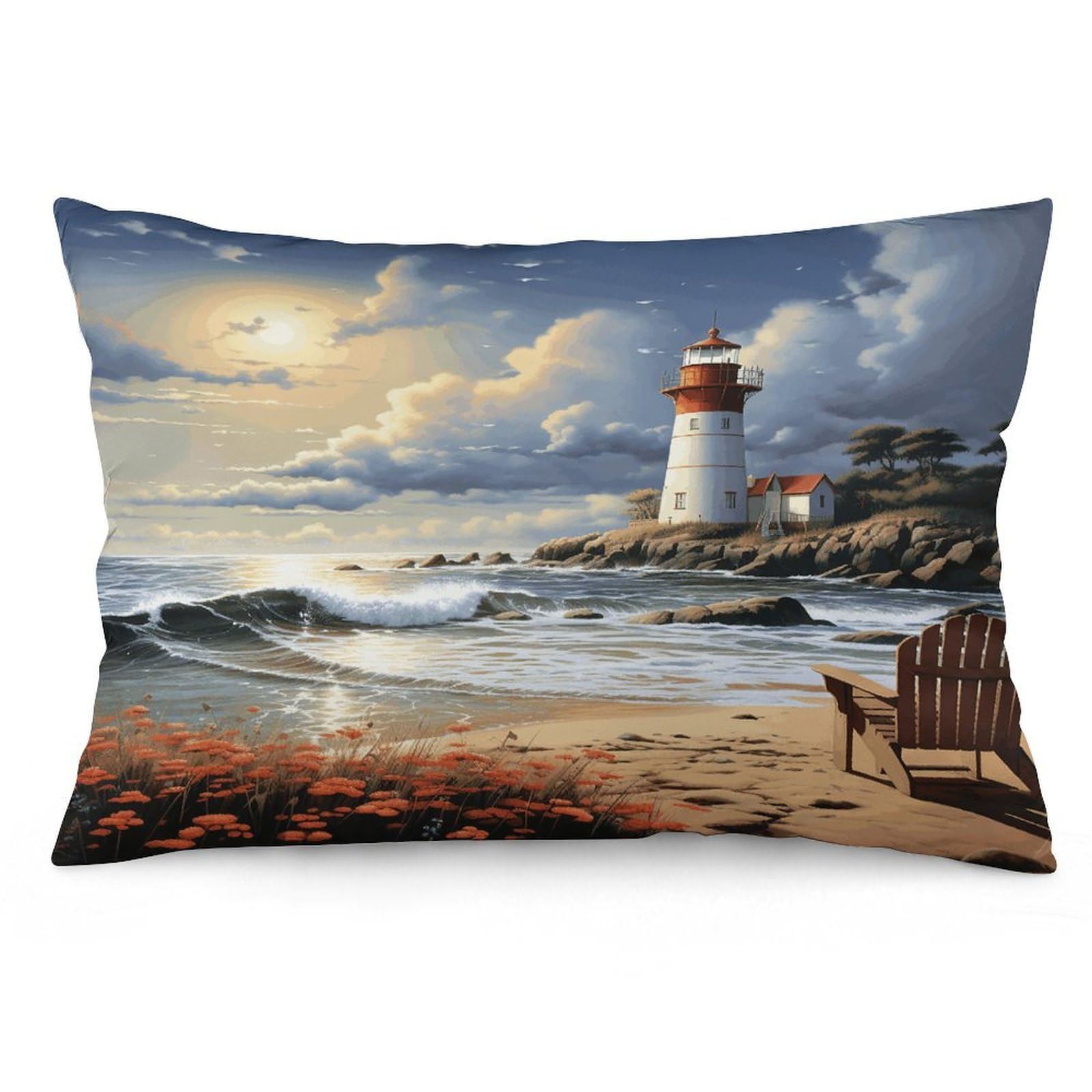 Sea Lighthouse Sandbeach Throw Pillow Cover Soft Lumbar Pillow Covers with Zipper Breathable Rectangular Cushion Case Polyester Pillow Case Decorative Body Pillow Cover for Couch Bed
