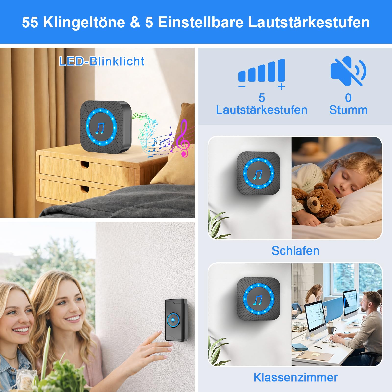 SURFOU Timbre Inalámbrico con pilas Exterior Interior Impermeable, Campainha Sem Fios, Kit Wireless Doorbell Puerta para Casa 400M de Alcance con 55 Melodías, 5 Niveles Volumen, Indicador LED (Negro)