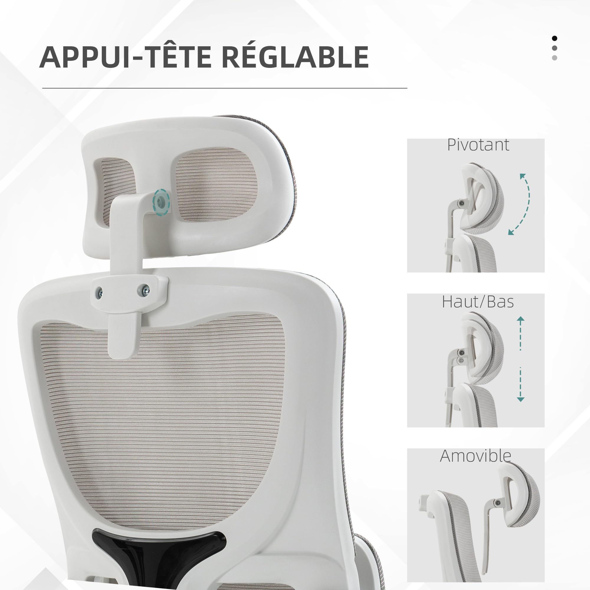 Vinsetto Fauteuil de Bureau Maille Respirant Accoudoirs Relevables Gris | Chaise Ergonomique, Pivotant, Appui-Tête Réglable, Support Lombaire, Hauteur d'Assise Réglable, Fonction de Bascule