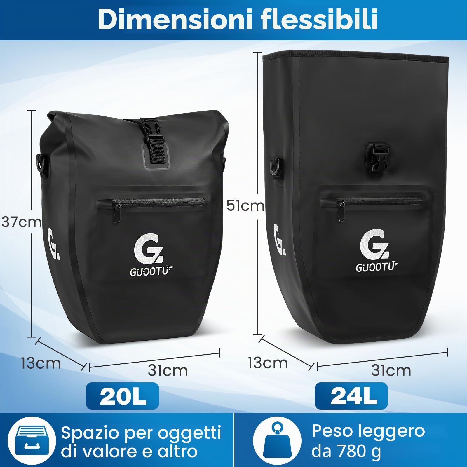 GUOOTU Set di 2 borse da bicicletta per portapacchi da 48 l, in Tarpaulin posteriore, con riflettori, con maniglia e tracolla (nero, 24 l, set da 2)