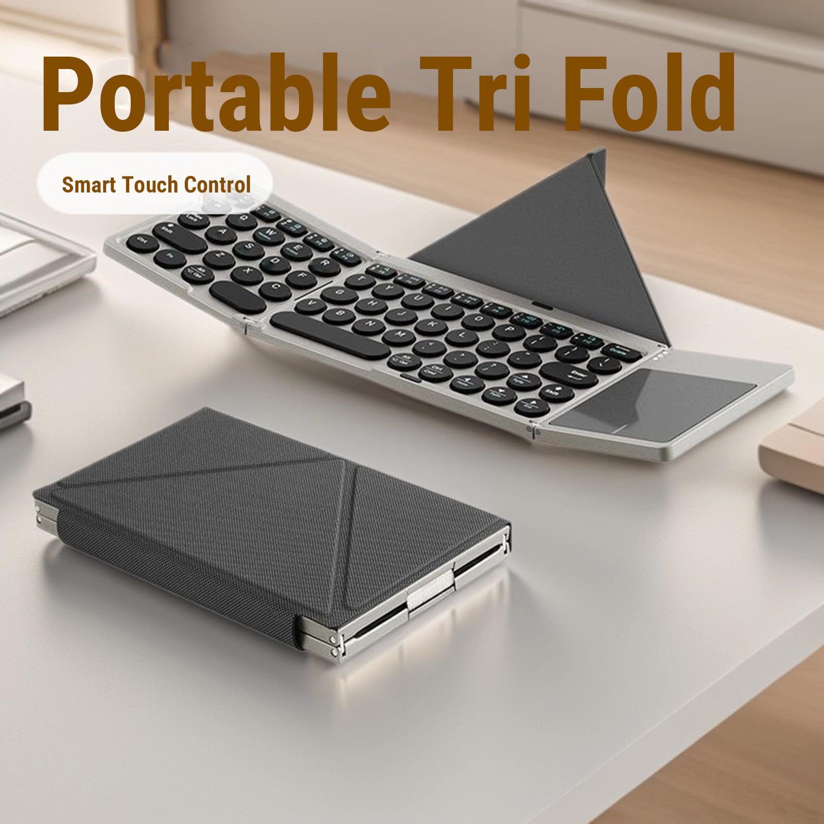 Tastiera Bluetooth Pieghevole, Wireless Portatile con Touchpad e Custodia in Pelle PU per Tablet Laptop Smartphone 3 Dispositivi