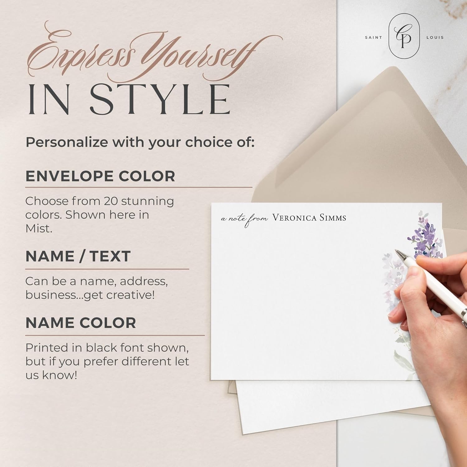 Curio Press Personalized Stationery for Women, Lilac Flat Card with Custom Note Cards Name, Purple Flower Thank You Cards with Envelopes Personalized Stationary Custom Card for Gifts - Lilac Flat