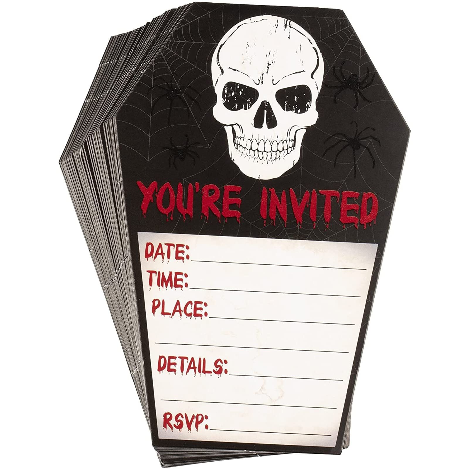 Juvale Halloween Invite Cards - 60 Pack 4.6 x 7 In Coffin Shape Black Retro - Fill-In Skull Design & Envelopes With RSVP - Party Invites & Horror