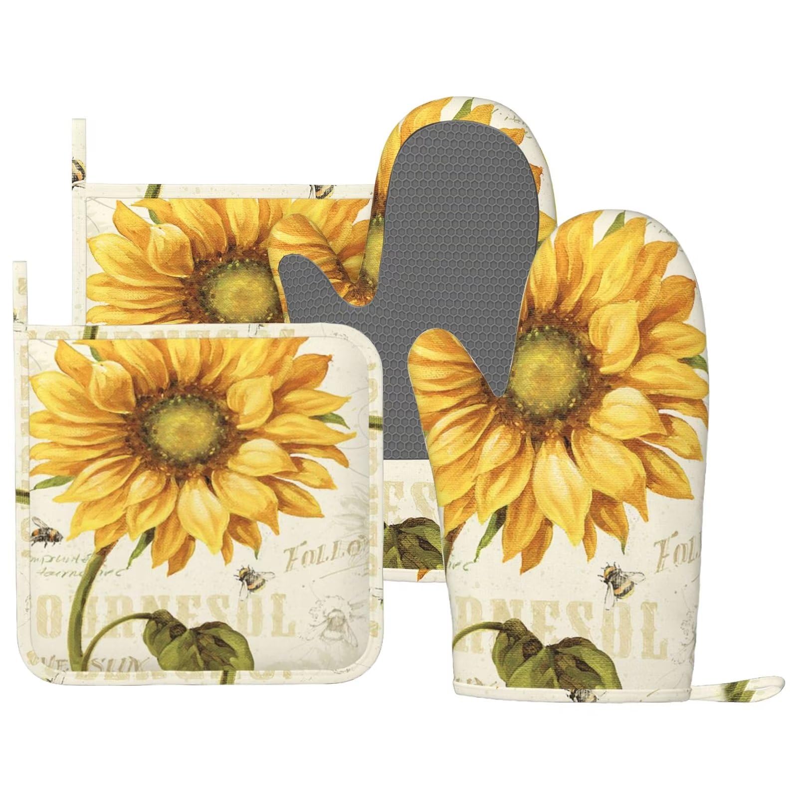MIFSOIAVV Sunflowers Oven Mitts and Pot Holders Sets Silicone Vintage Sunflower Bee Kitchen Mitts Potholders Heat Resistant 4Pcs Oven Gloves Hot Pads for Kitchen Baking Cooking BBQ Grilling