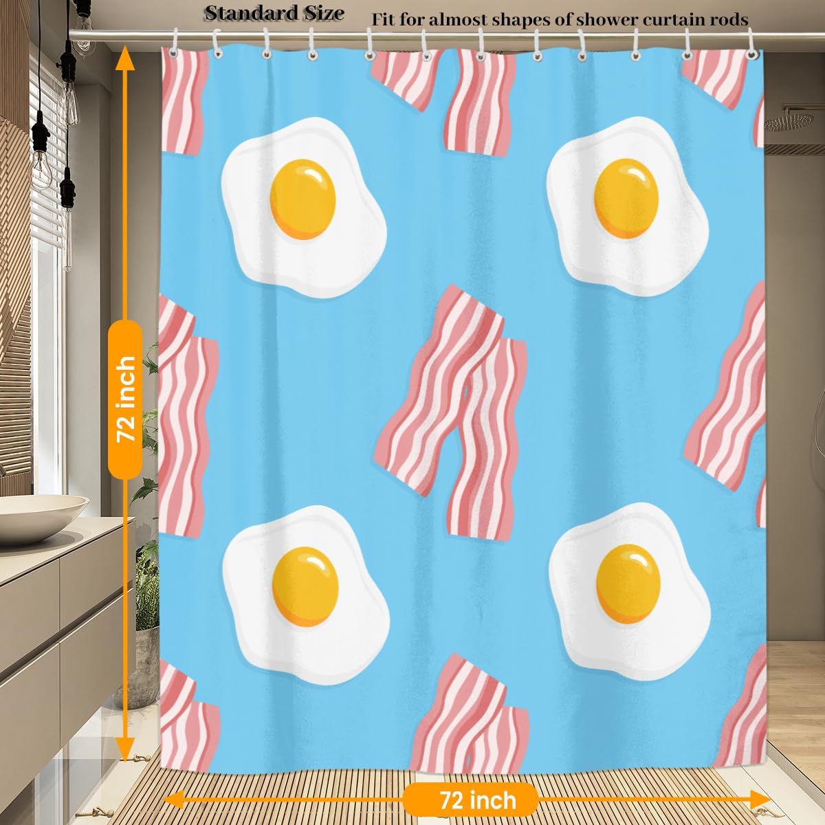 Bacon Eggs Shower Curtain Fabric Bath Curtain Set with Hooks Breakfast Decorative Bathroom Curtains Machine Washable 72Wx72H Inches image 4