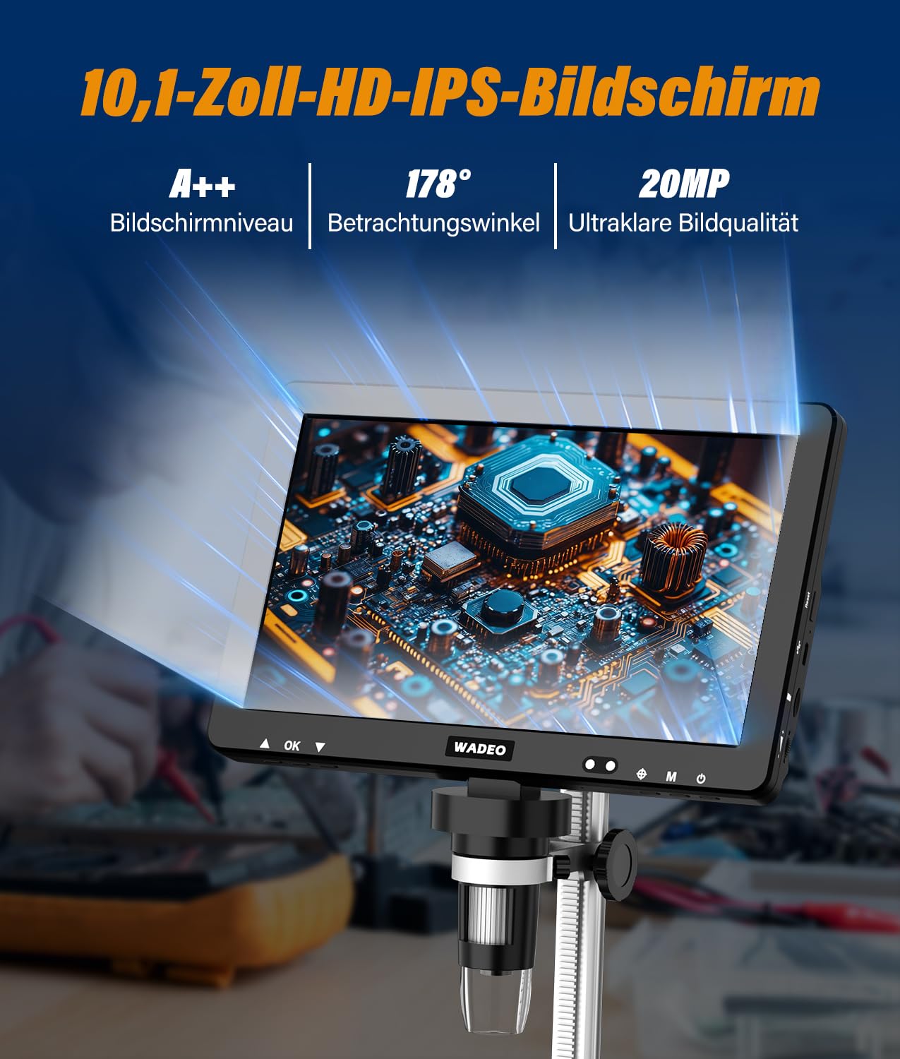 WADEO 10,1-Zoll-LCD-Digitalmikroskop 1500x inkl. 32GB Karte, Tragbares Mikroskop USB-Digitalmikroskop Lötmikroskop mit 8 LEDs und Metallständer, MacOS Windows kompatibel, für Reparaturen und Löten