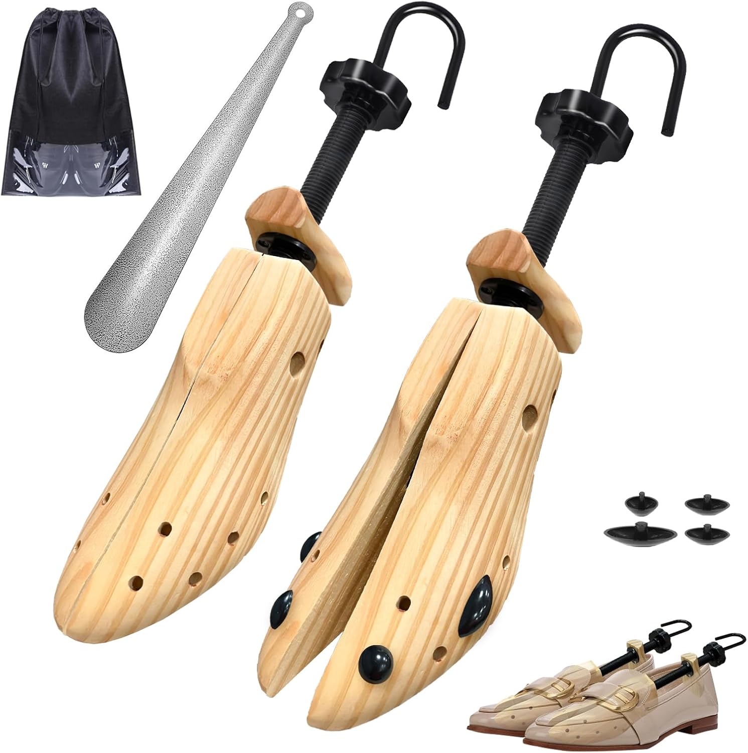 JJDPARTS Schuhspanner Holz, Schuhspanner Herren und Damen, 4-Wege Schuhdehner, Schuhweiter für Einstellbare Länge und Breite mit Schuhlöffel - Amazon product rated Grade B