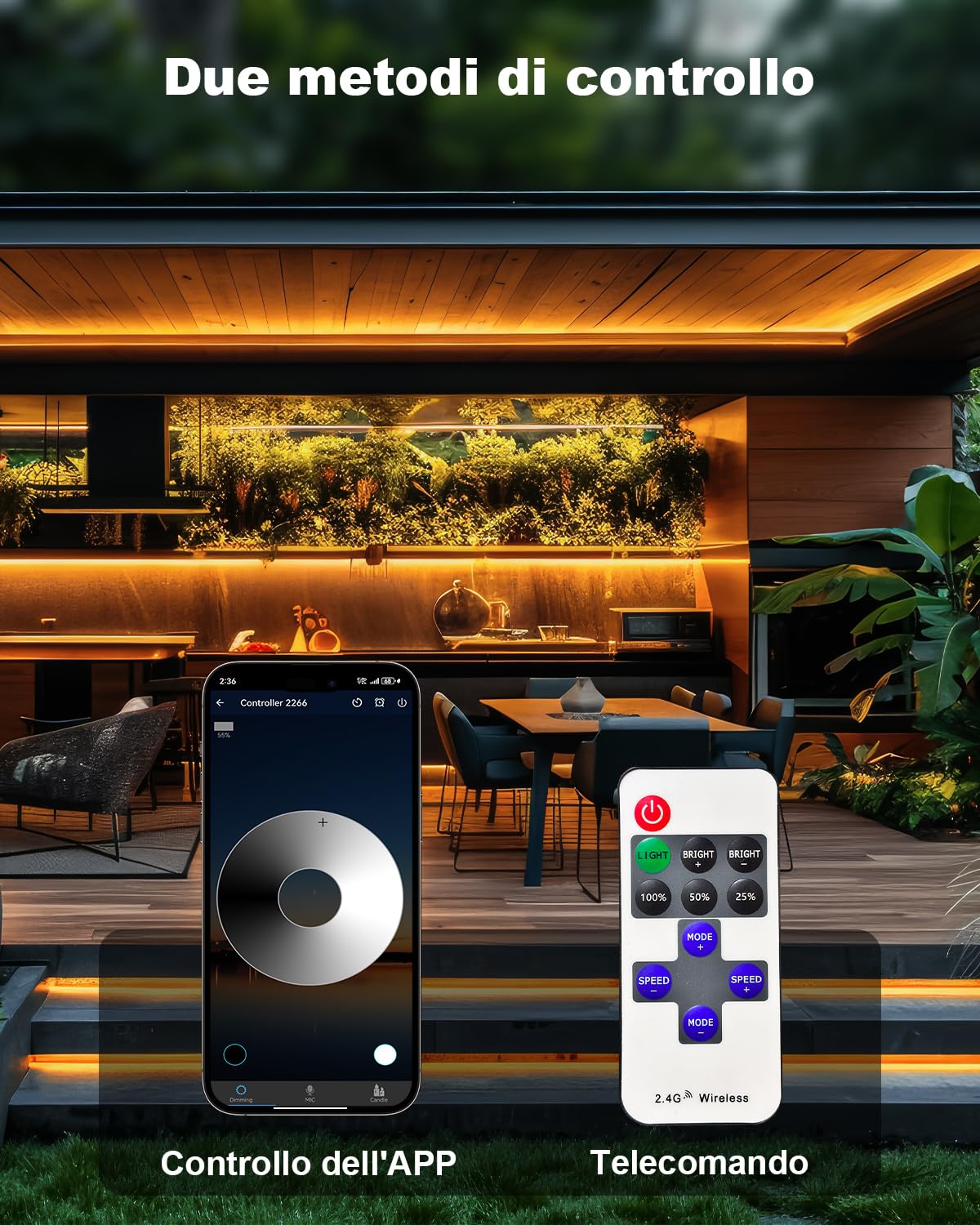 Gliztech 15M Striscia LED COB IP68 Impermeabile, 2700K Autoadesiva Bianco Striscia LED per Esterni con Alimentazione 24V, BT APP e Telecomando per Grondaie Giardino Piscina Terrazza Cucina