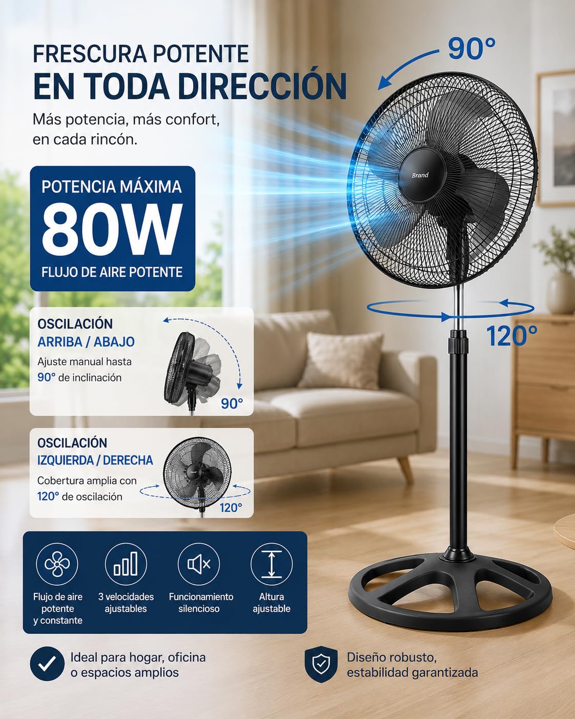 PANDA HOME Ventiladores 25W-120W, 3 Velocidades, Aspas Metálicas o Plásticas, Temporizador, Inclinación Ajustable, Ventilador Sobremesa Compacto para Hogar, Oficina