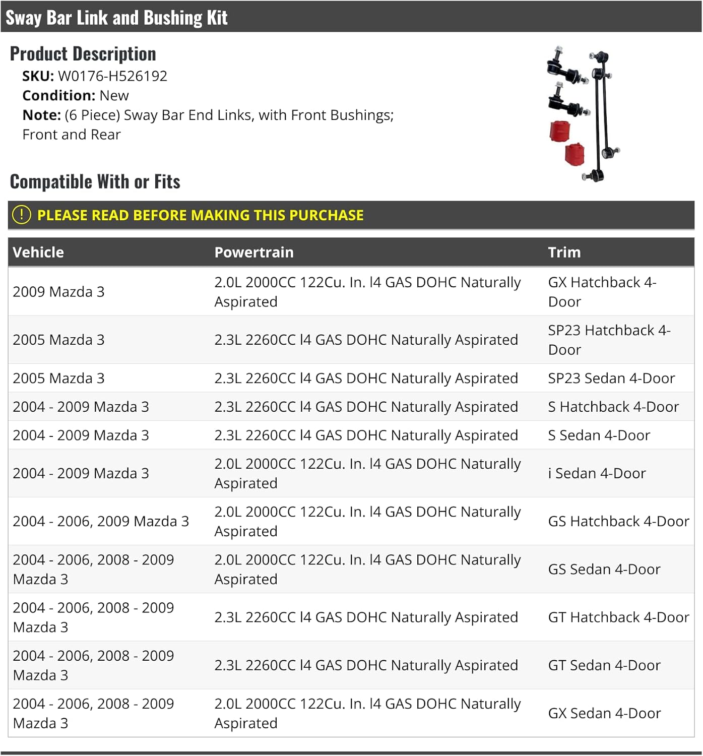 Marketplace Auto Parts Front and Rear Sway Bar Link and Bushing Kit - 6 Piece - Compatible with 2004-2009 Mazda 3