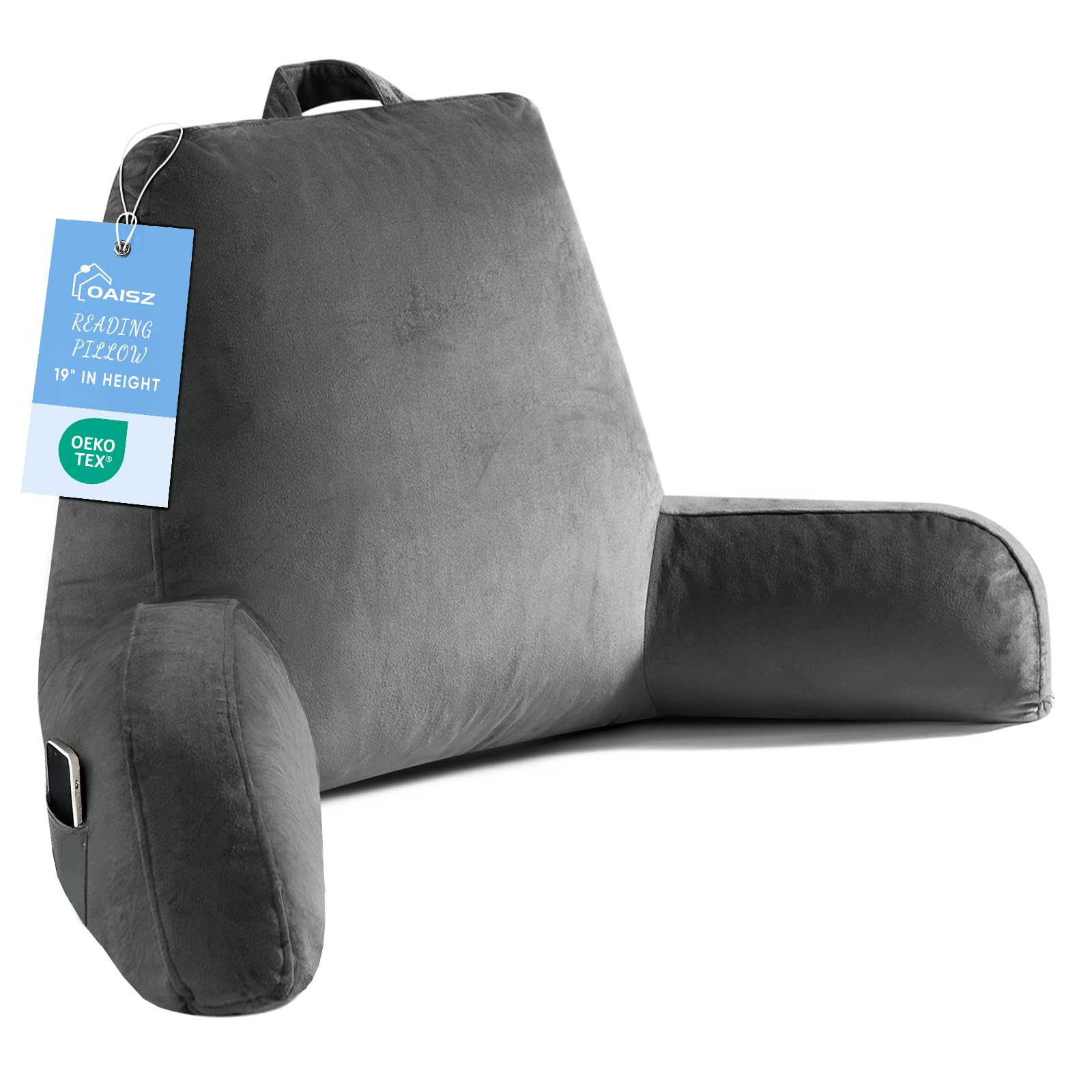 OAISZ Reading Pillow for Sitting in Bed Adult, Reading Pillow with Shredded Memory Foam, Back Pillow for Bed Sitting Up with Extend Arms, Pockets, Bed Reading Pillow with Washable Cover, Grey