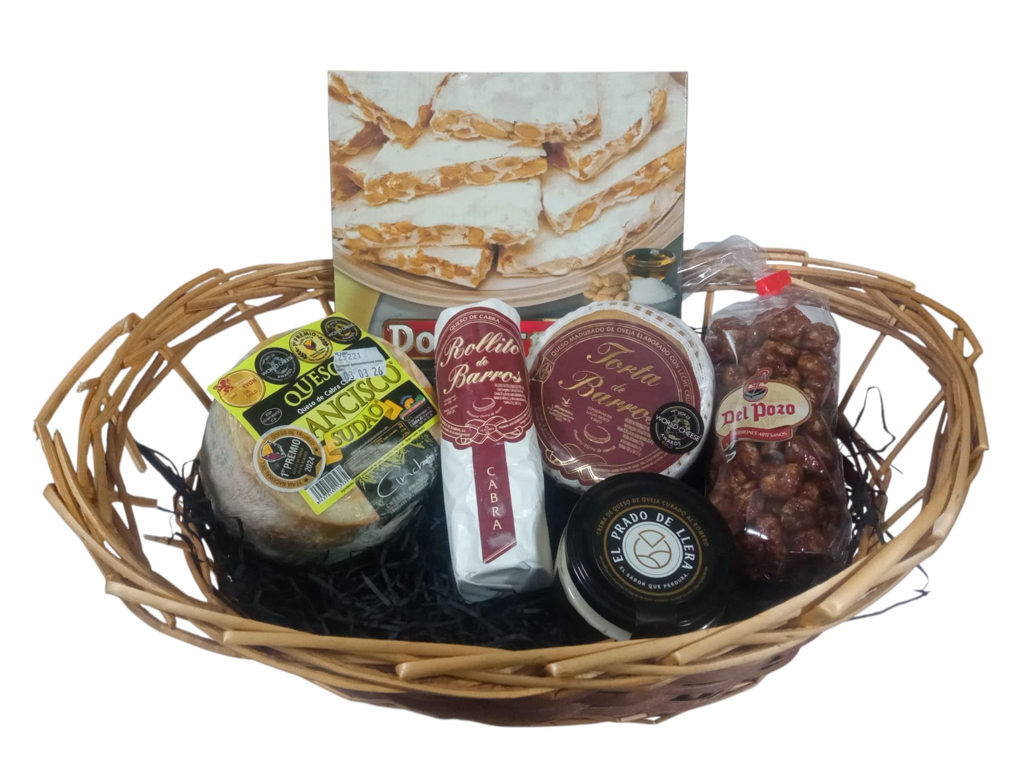 Cesta Gourmet Mohedas de Granadilla Queso de Cabra Queso Torta Curada de Barros Queso de cabra Queso Curado Castrum Almendras Garrapiñadas y Turrón Dos Hermanos - Cesta de Mimbre – CORAZON EXTREMEÑO