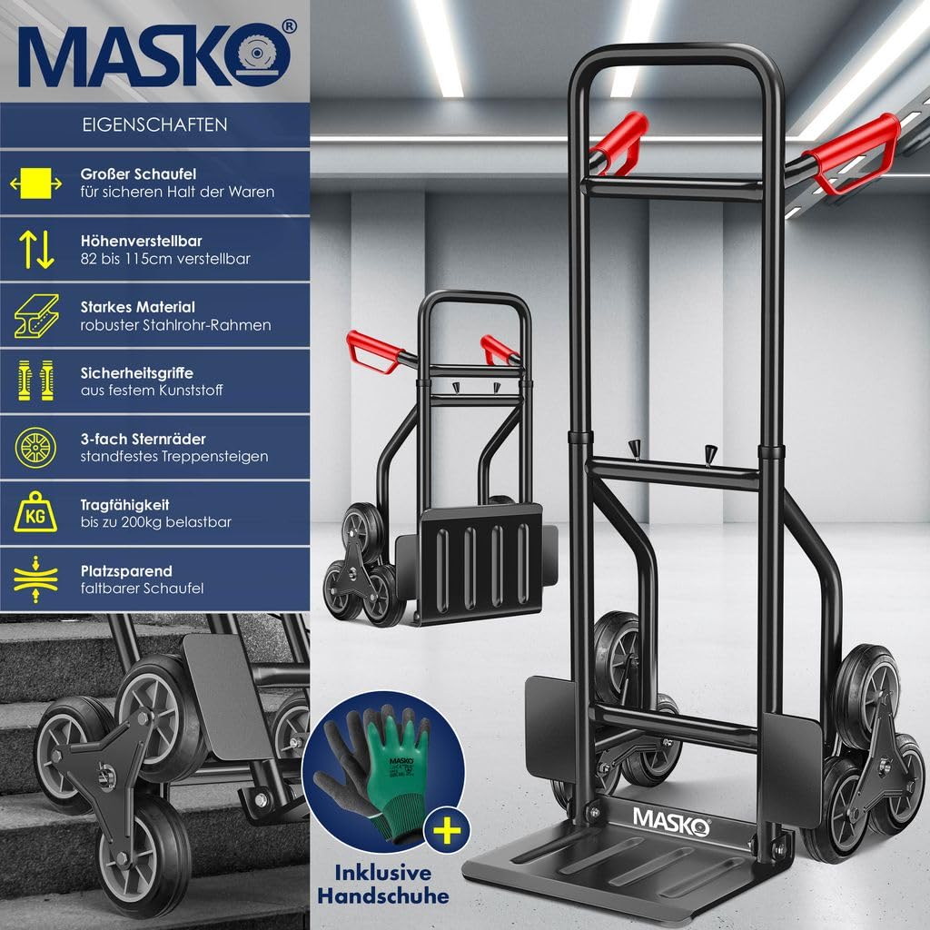 MASKO® Carretilla para escaleras, 200 kg, Carretilla de Transporte para Subir escaleras, Plegable, Ruedas de Goma Dura, Asas de plástico, Marco de Acero