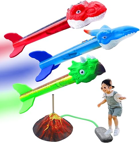 Morofme Juego de lanzacohetes de dinosaurio con 3 cohetes de dinosaurio, lanzador de cohetes de dinosaurio de hasta 100 pies, juguete lanzador de