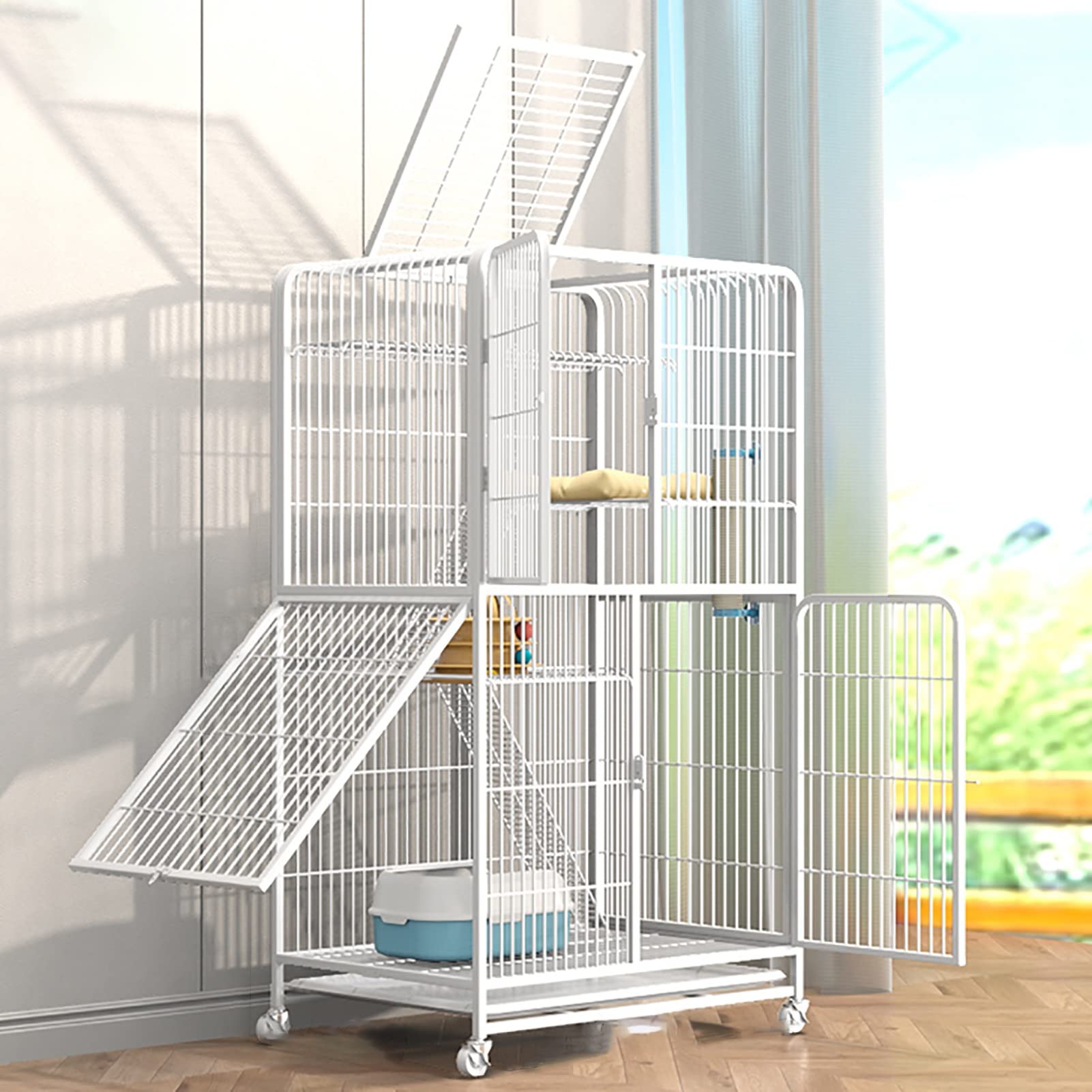 Cage pour chat modulable blanche en fil de fer avec rampes et plateformes de jeu