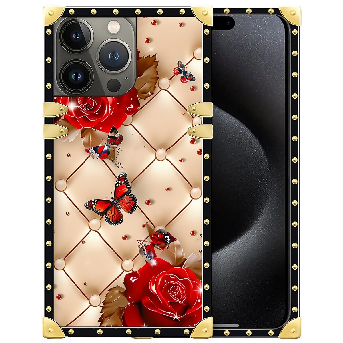 WANKBLC Compatible with iPhone 16 Pro Case, Shining Red Rose Butterfly Leather Background Luxury Golden Decoration for Girl Women Soft TPU Shockproof