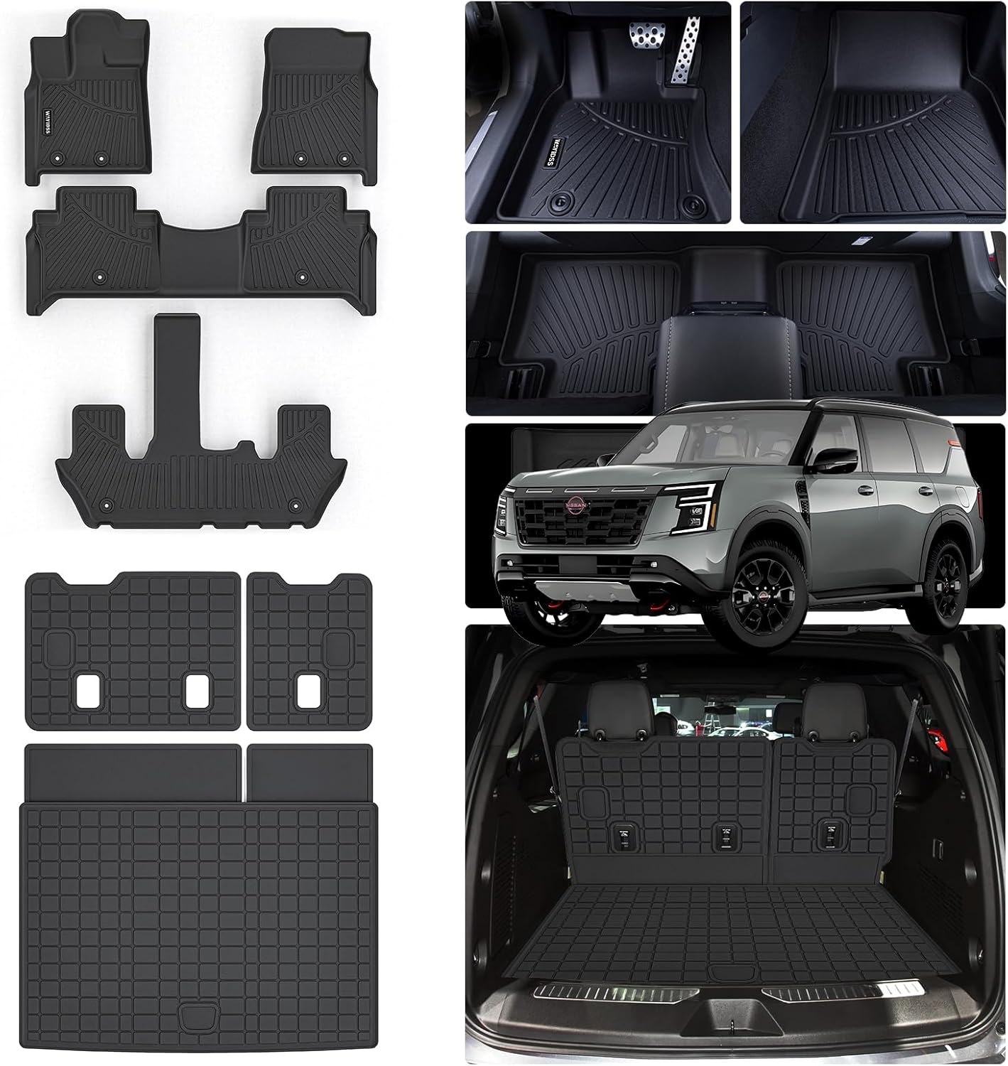 Floor Mats for 2025 Nissan Armada/Infiniti QX80 7 Seats (Not Fit 8 Seats) Trunk Mat & Backrest Mat TPE All Weather Protection Car Floor Liners with Cargo Liner Accessories Floor Mats+2-in-1 Cargo Mat?7seats?