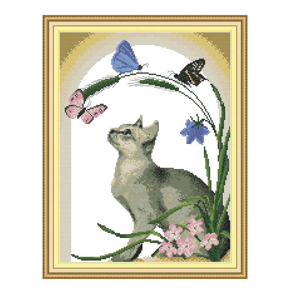 Wowdecor Cats Cross Stitch Embroidery Kits For Adults Kids, And Butterfly Flowers 11Ct Stamped Diy Dmc Needlework Easy Beginners