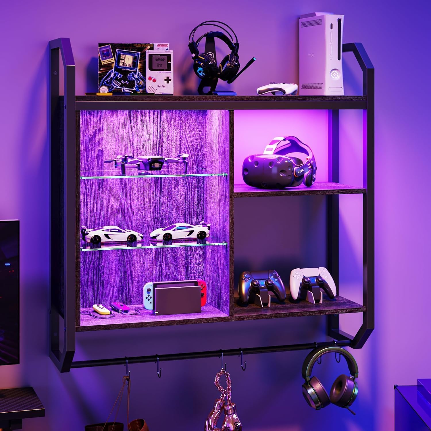 Gaming Estantes Flotantes,84CM LED Estante Montado en la Pared con Estante de Vidrio Ajustable,Estantes de Tubo Colgando Estante de Exhibición de Libros con 6 Gancho en forma de S,Juegos Vino Café Bar