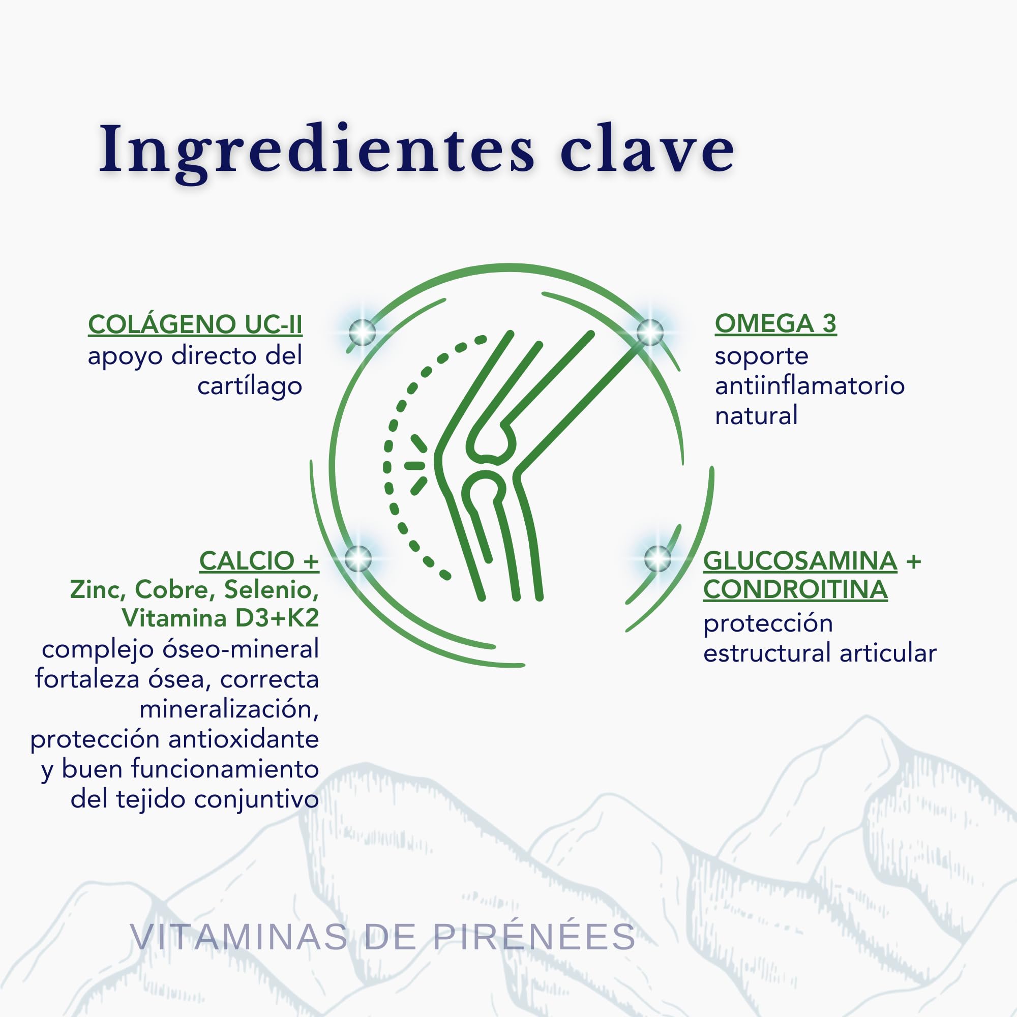 Colágeno UC-II, Omega 3 TG, Glucosamina y Condroitina, Calcio, Magnesio, Cobre, Zinc y Vitamina D3K