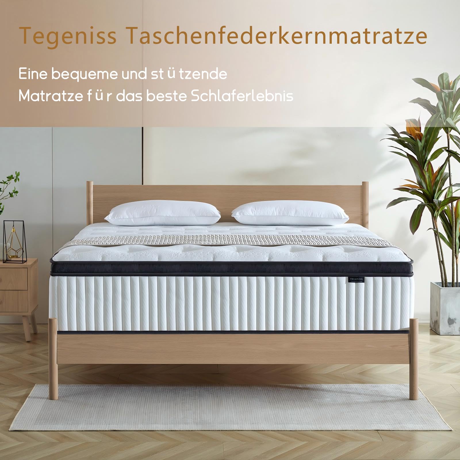 Tegeniss Matratze 140x200, Taschenfederkernmatratze mit 25 cm Höhe, 7-Zonen, H3 mittelfest, Druckentlastung, verstärkte Kantenstütze, Bewegungsisolierung, Atmungsaktivität und Vakuumverpackt