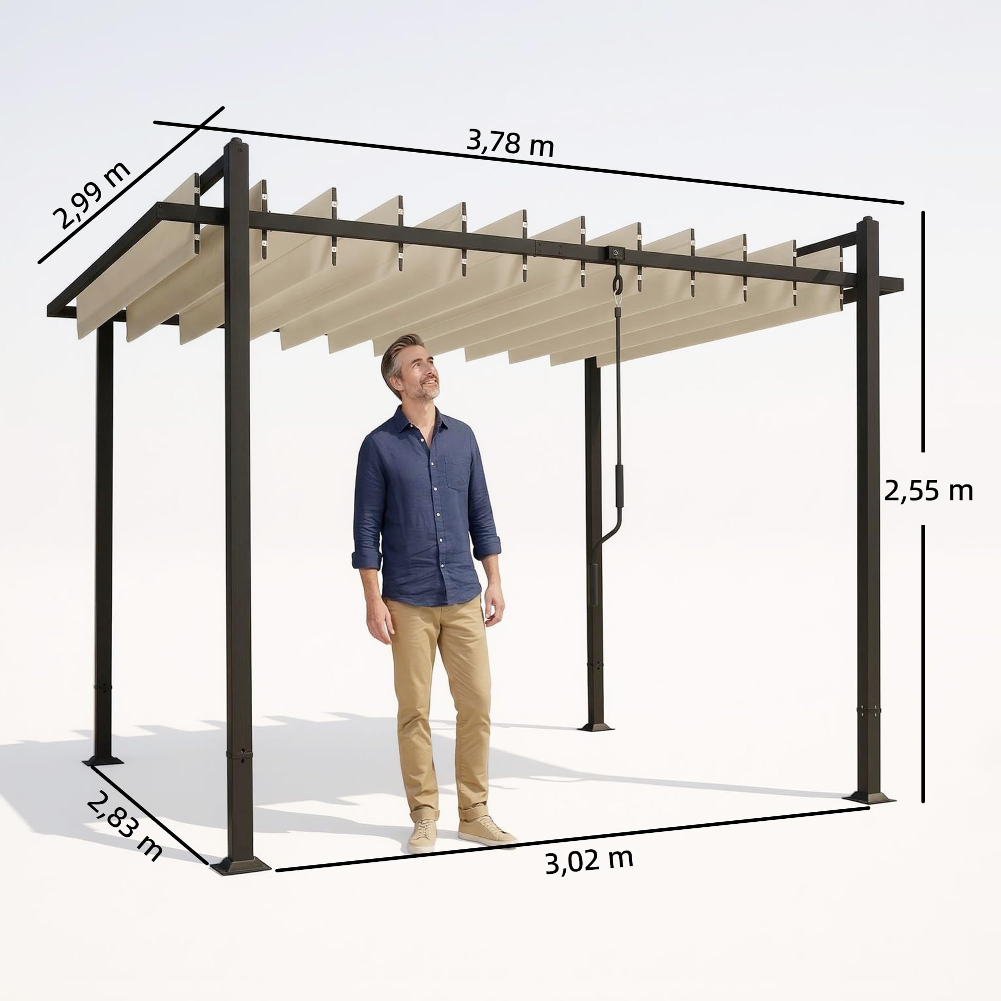 Outsunny Pérgola de Jardín 3x3,8 m, Cenador de Jardín con Techo de Lamas Ajustable a 90°, Manivela, Estructura de Aluminio y Acero, Protección UPF50+, Pabellón para Exterior, Patio, Terraza, Beige