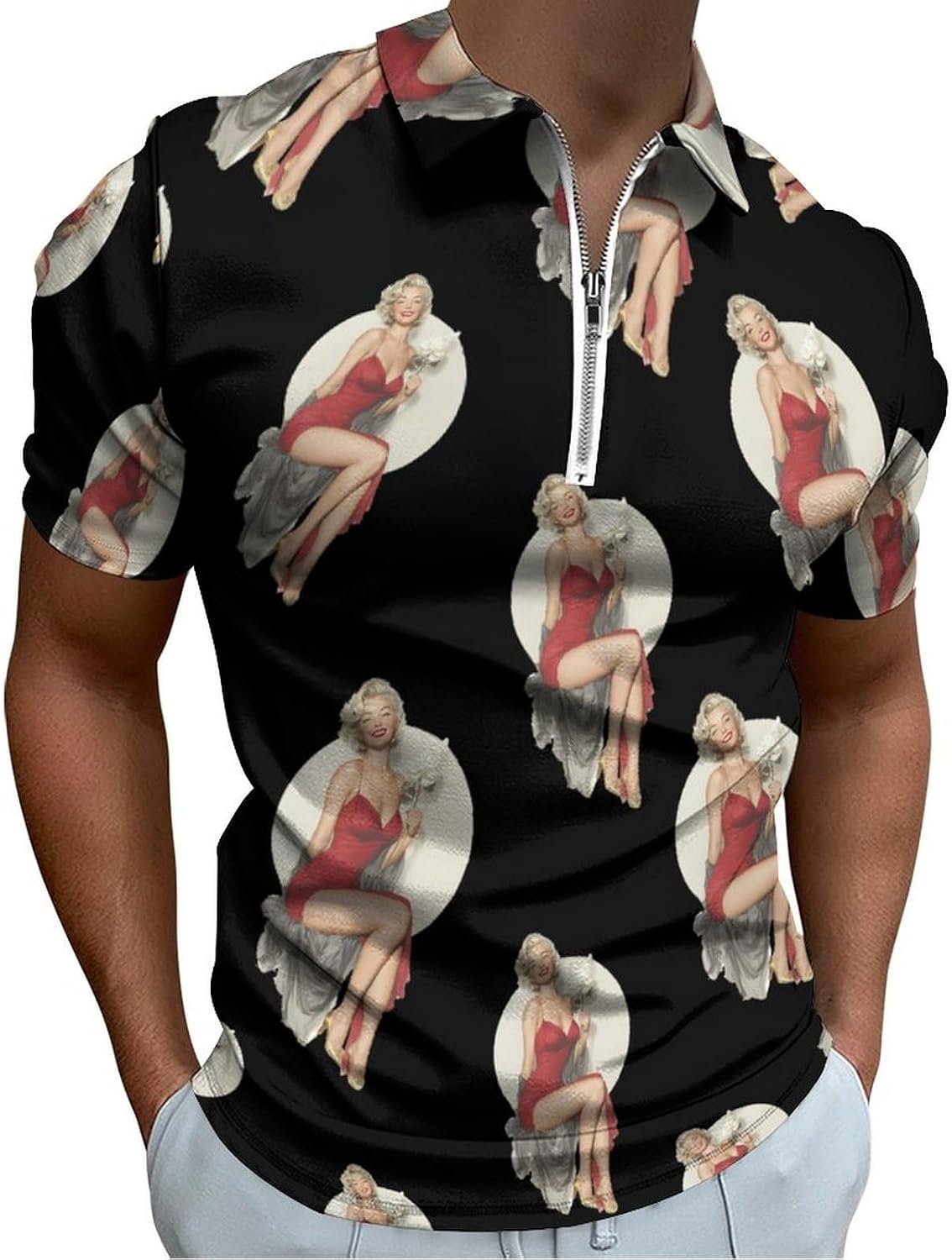 Girl with Rose Polo Shirts for Men Short Sleeve Athletic Golf Tees Tops | Casual Summer Zippered V Neck Mens T-shirts Sports Quick Dry Tennis