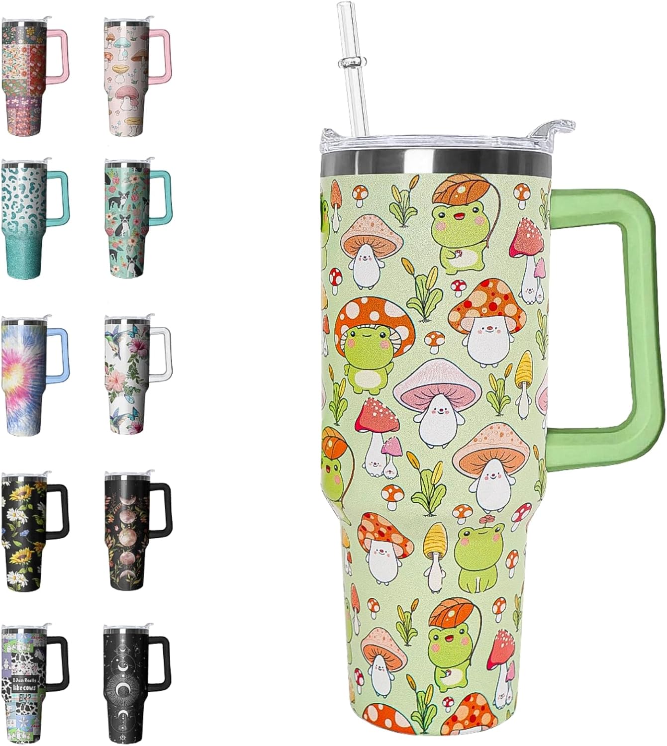 Frog Tumbler Cute Mushroom Tumbler 40 oz Kawaii Frog Gifts for Women Cute Cups Coffee Travel Mug with Handle Leak Proof Insulated Frogs Decor Stuff