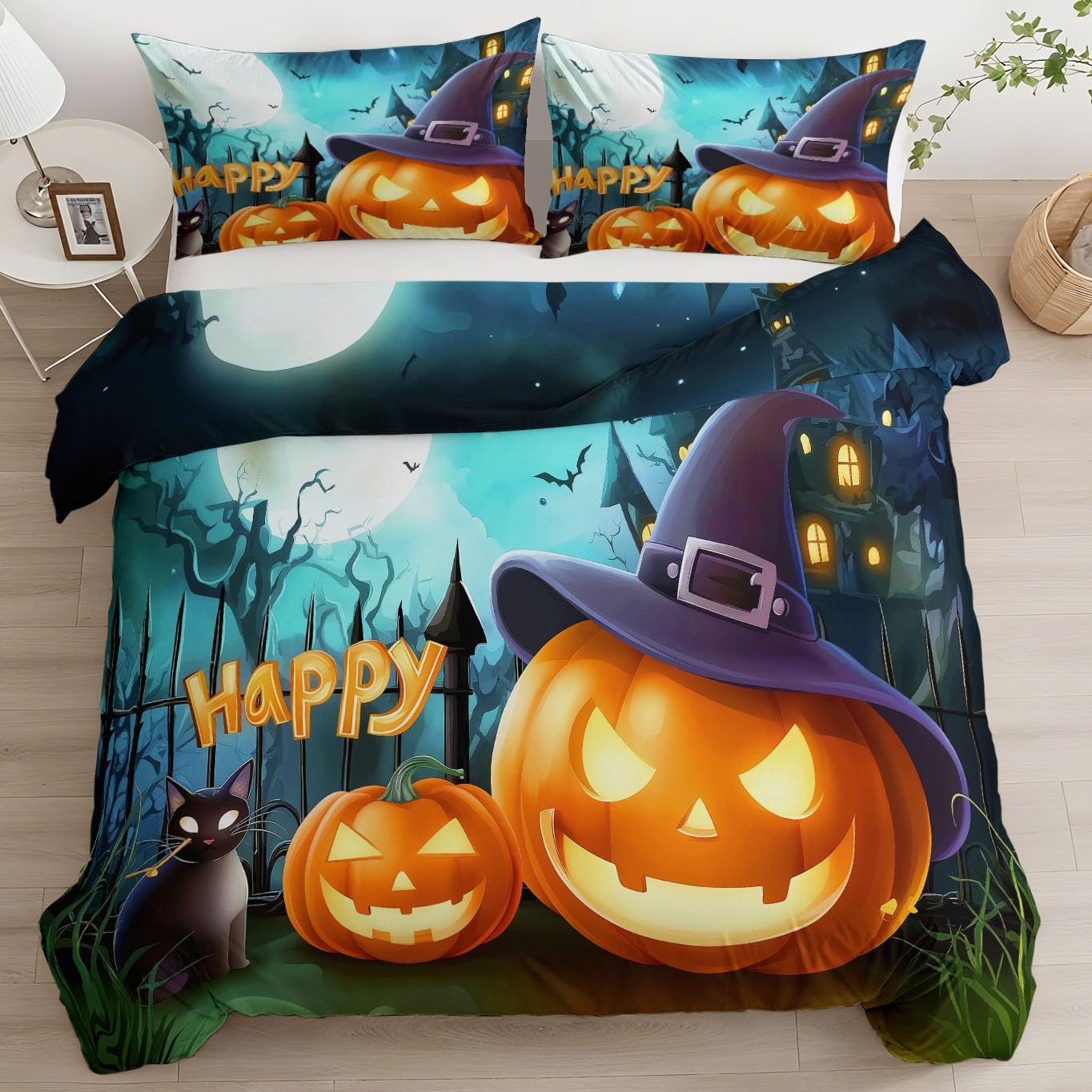 Zestaw kołder motyw Halloween kreskówka dynia, szczotkowana mikrofibra zestaw pościeli z 2 poszewkami na poduszki miękka hipoalergiczna poszewka na kołdrę 260 x 220 cm wielokolorowa, zestaw poszewek