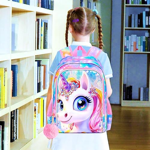 Miniatura 8 de Mochila de 16 pulgadas para niñas, juego de 3 mochilas escolares para primaria preescolar Kindergarten, bolsa para niños con lonchera, Unicornio