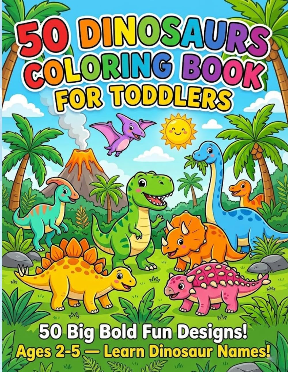50 Dinosaurs Coloring Book for Toddlers: 50 Big Bold Fun Designs — Ages 2-5 — Learn Dinosaur Names!