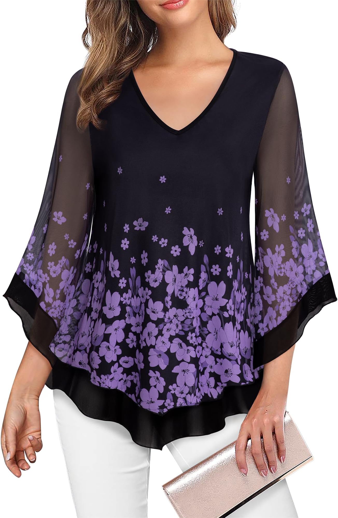 Lotusmile Women's Elegant Double-Layer Ruffle Blouse with 3/4 Bell Sleeves