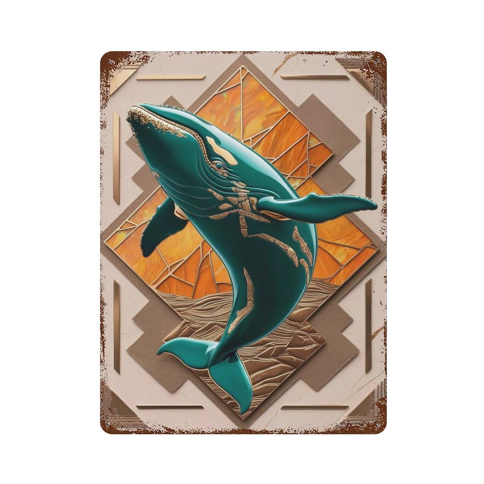 Garage Style Teal Whale Art Deco Distressed Metal Wall Sign 15.7"x11.8", Novelty Wall Decor for Bar And Workshop