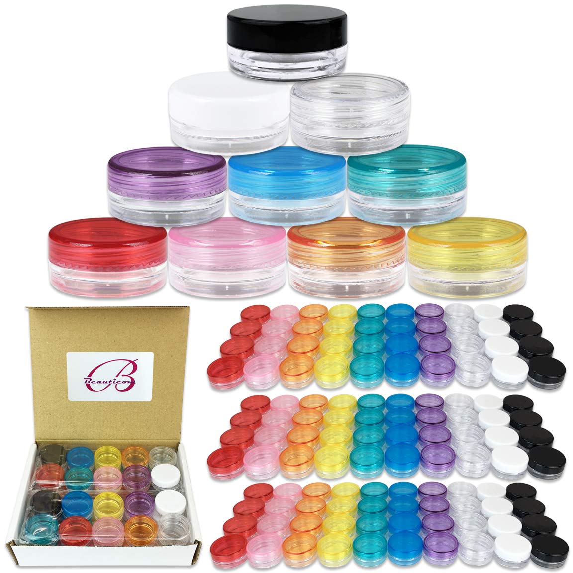 (200 Pieces Jars + Lid) Beauticom 3G/3ML Round Clear Jars with Mix Color Screw Cap Lids for Scrubs, Oils, Toner, Salves, Creams, Lotions, Makeup Samples, Lip Balms - BPA Free