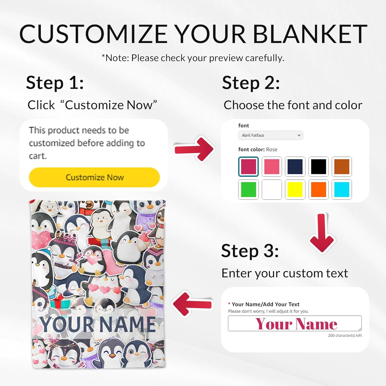 Custom Penguin Gifts with Name - 50x60 Inches Cute Penguin Throw Blanket for Women & Girls - Colorful Soft Fuzzy Plush Blankets for Living Room