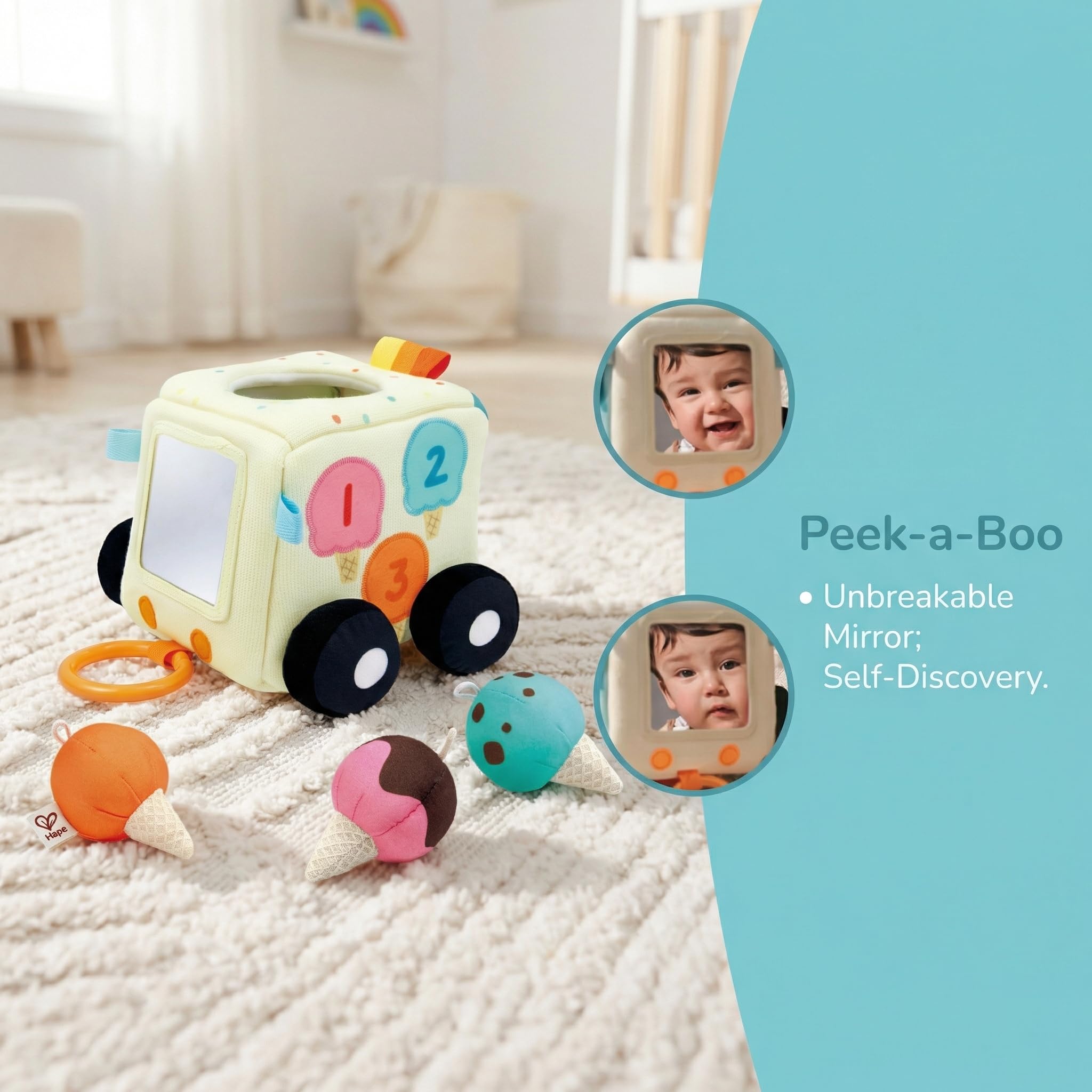 Hape Sensory Scoop Ice Cream Truck – pluszowa zabawka dla niemowląt 6 w 1, z miękkim lustrem, grzechotka, marszczone tekstury i dopasowanie kolorów, eksploracja sensoryczna i rozwój umiejętności