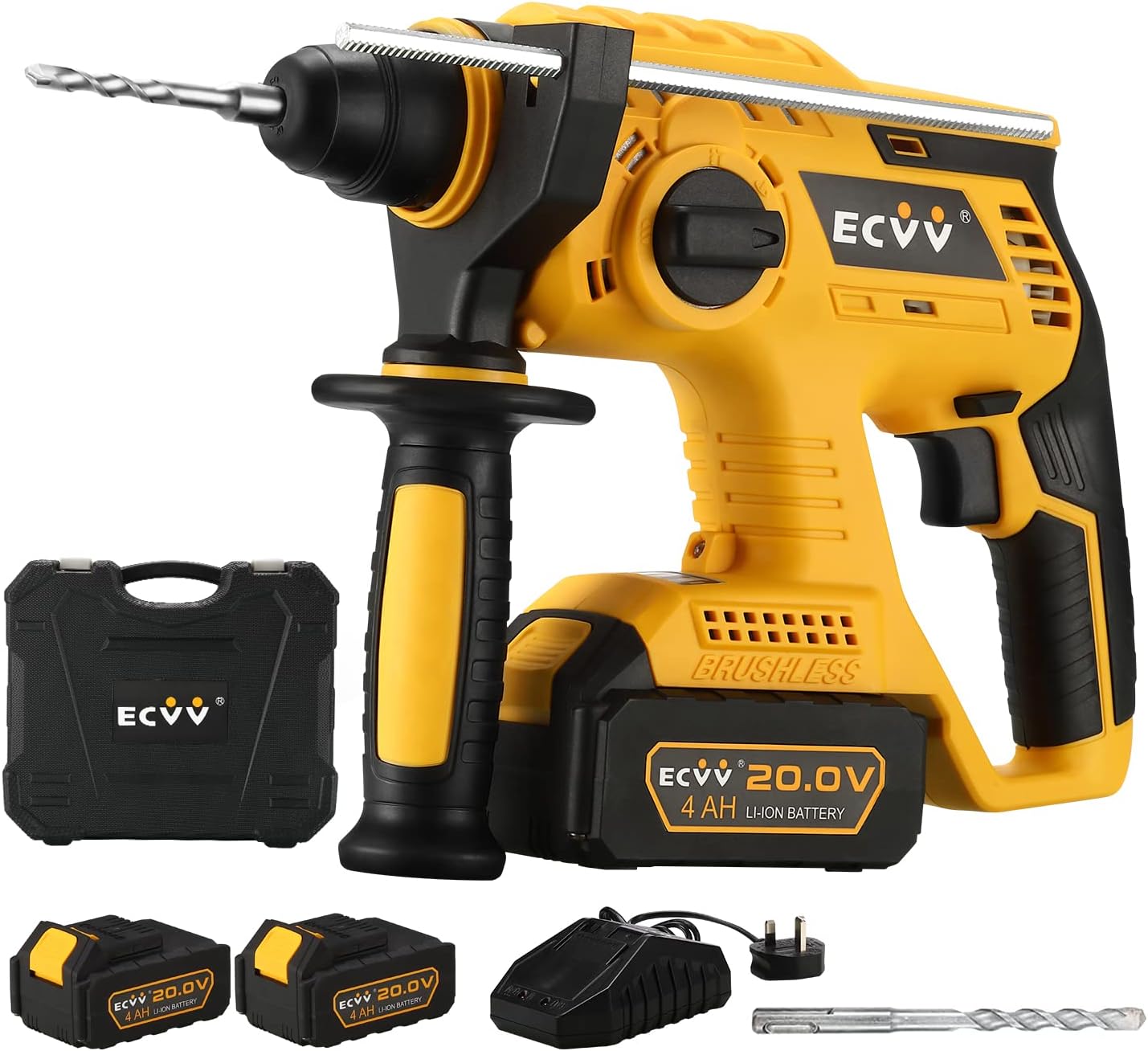 ECVV Rotary Hammer 20V Cordless Brushless Hammer Drill Kit Includes 2 x 4Ah Batteries with SDS-Plus Chuck, 4 Modes, Safety Clutch, 360°Rotating Auxiliary Handle for Concrete, Metal & Wood Drilling
