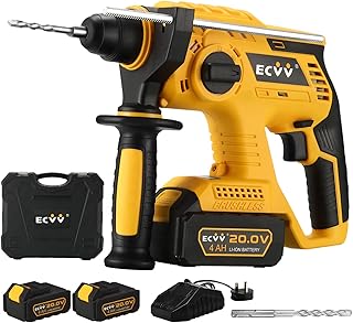 Rotary Hammer 20V Cordless Brushless Hammer Drill Kit Includes 2 x 4Ah Batteries with SDS-Plus Chuck, 4 Modes, Safety Clutch, 360°Rotating Auxiliary Handle for Concrete, Metal & Wood Drilling